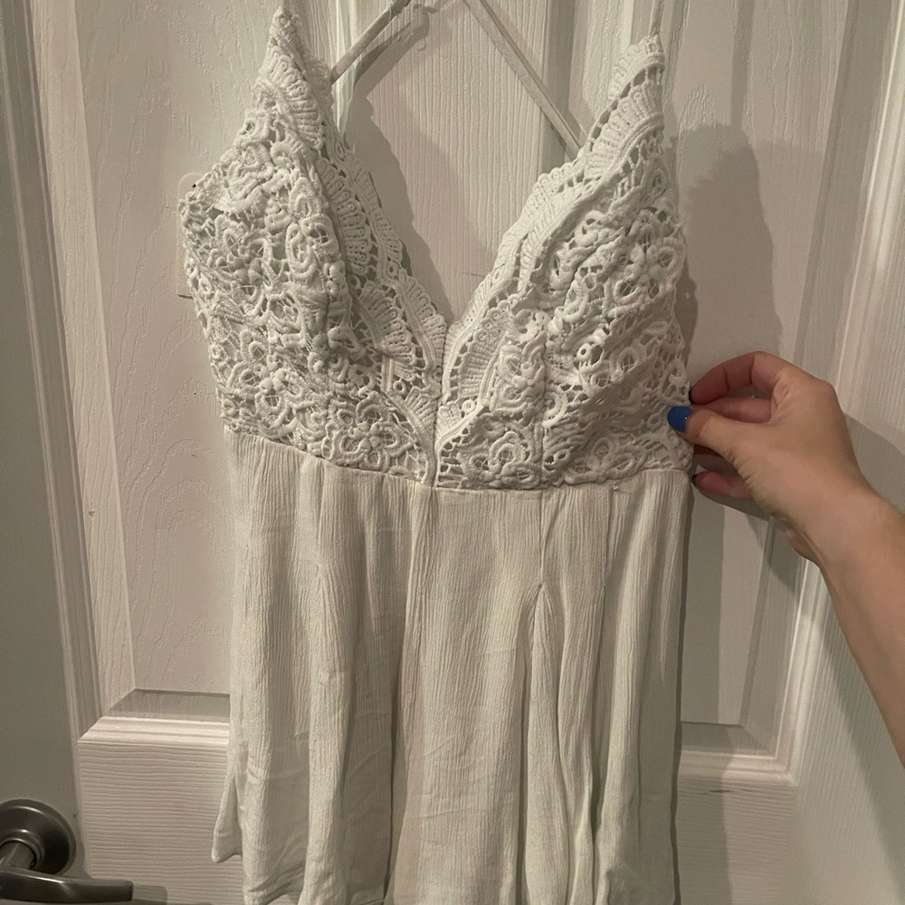 White Crochet Open Back Romper
